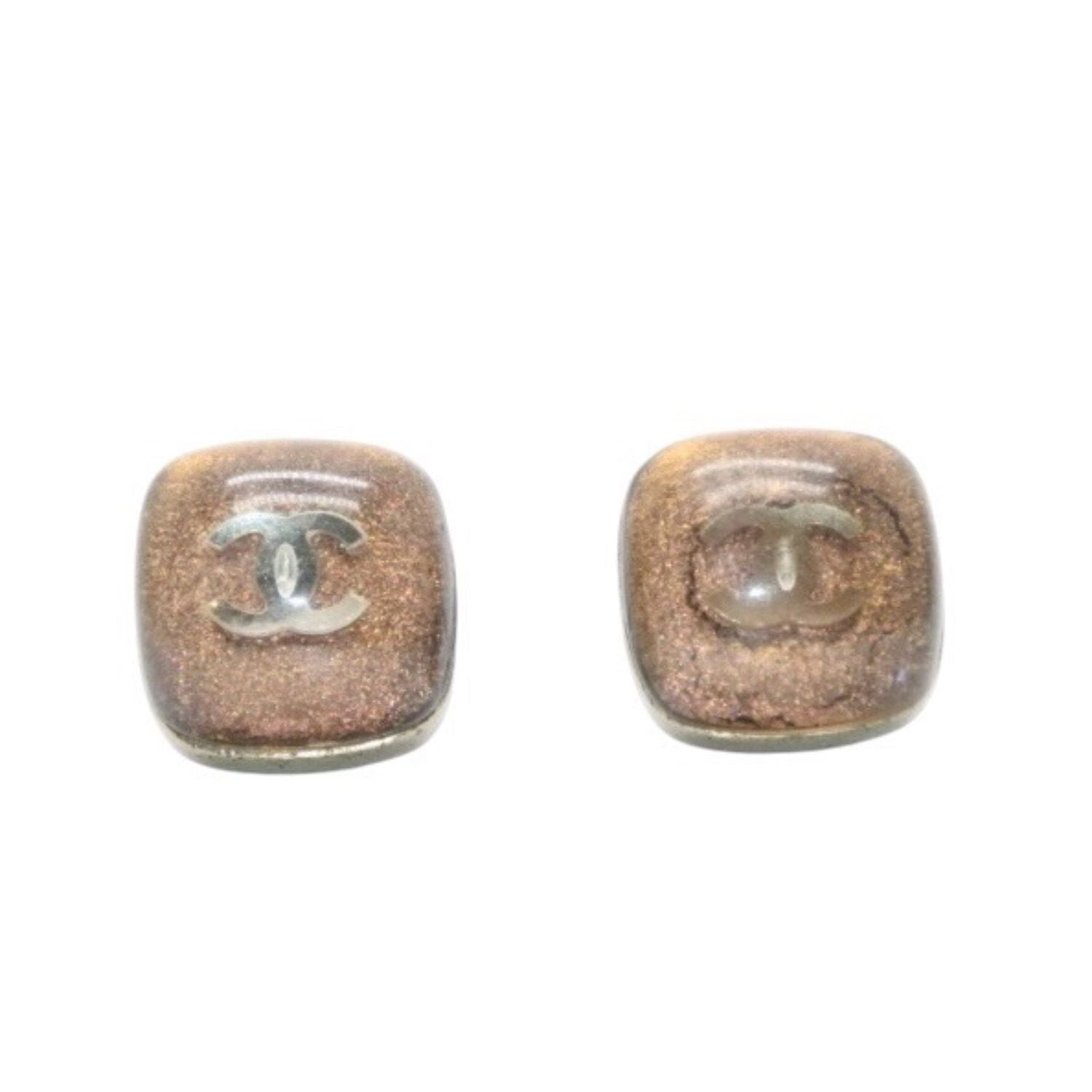 Chanel Earrings CC Logo Button Brown Glitter Silver Mini — view 7