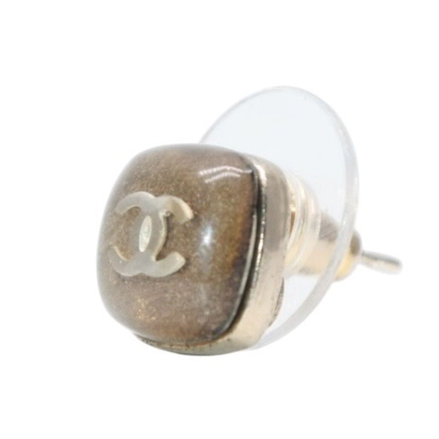 Chanel Earrings CC Logo Button Brown Glitter Silver Mini — view 2