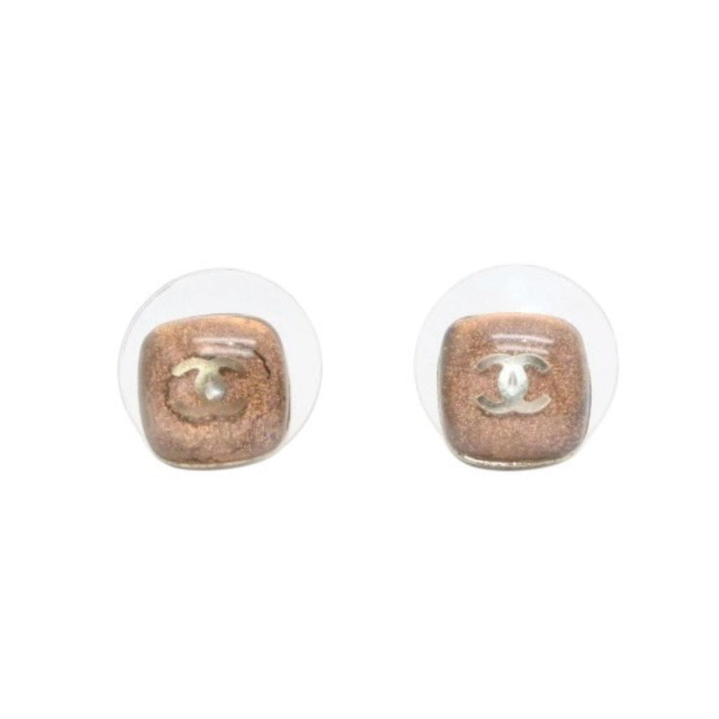 Chanel Earrings CC Logo Button Brown Glitter Silver Mini
