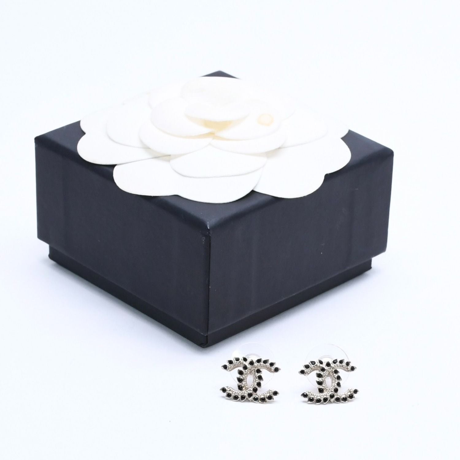 Chanel Earrings CC Logo Black Rhinestone