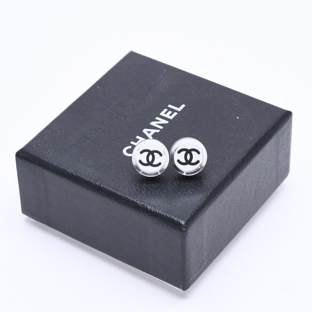 Chanel Button Earrings Silver CC Logo Mirror 08V