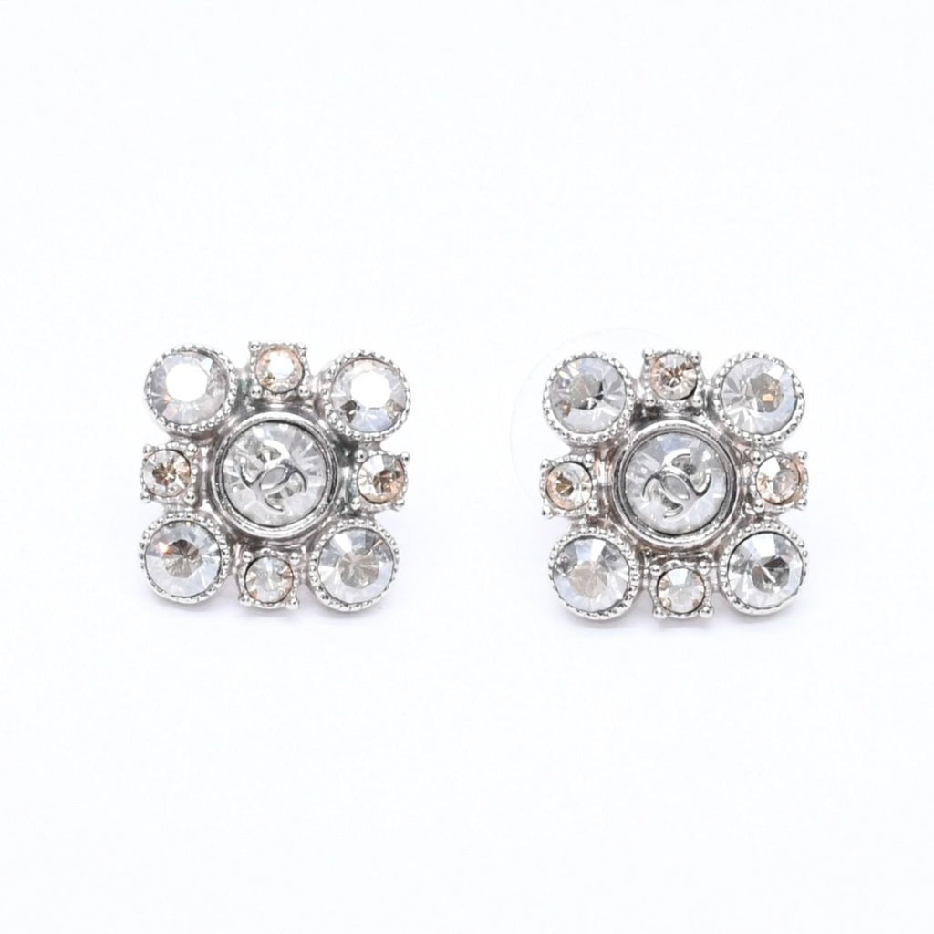 Chanel Earrings Round Big Stone 09 Silver Color Rhinestone