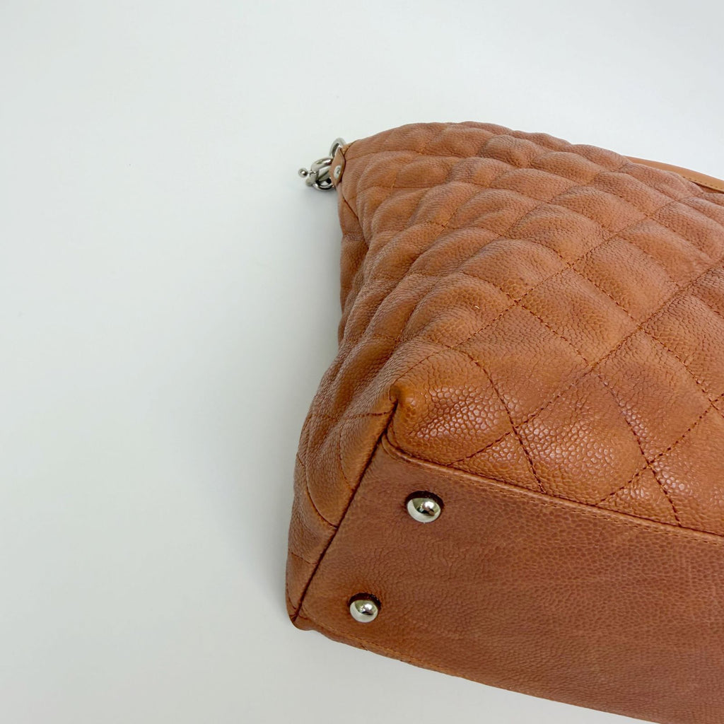 Chanel CC Logo Quilted 2-Way Chain Shoulder Bag Caviar Leather Camel Brown Seal — view 8