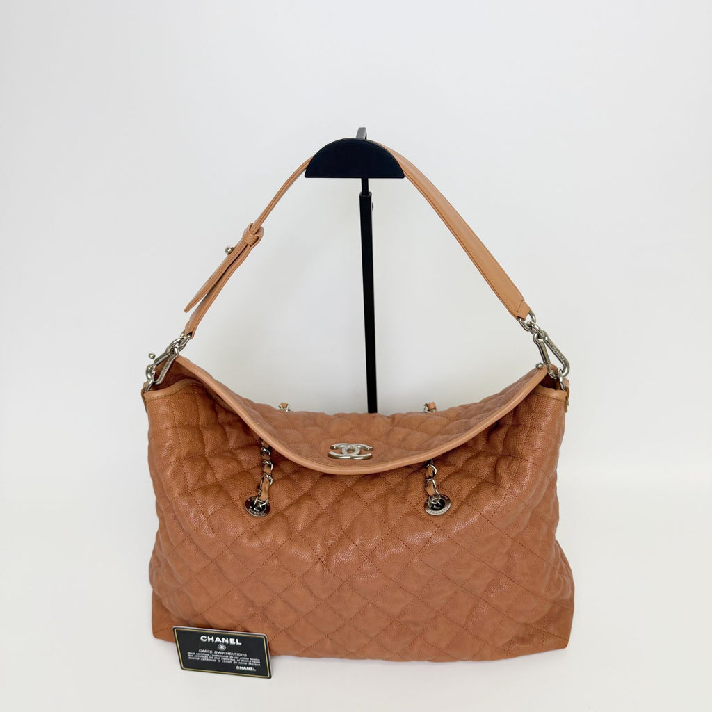 Chanel CC Logo Quilted 2-Way Chain Shoulder Bag Caviar Leather Camel Brown Seal