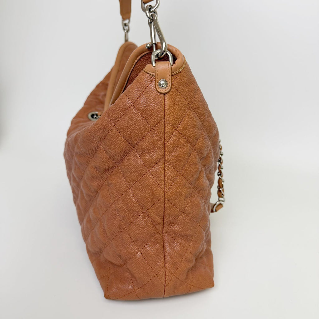 Chanel CC Logo Quilted 2-Way Chain Shoulder Bag Caviar Leather Camel Brown Seal — view 5