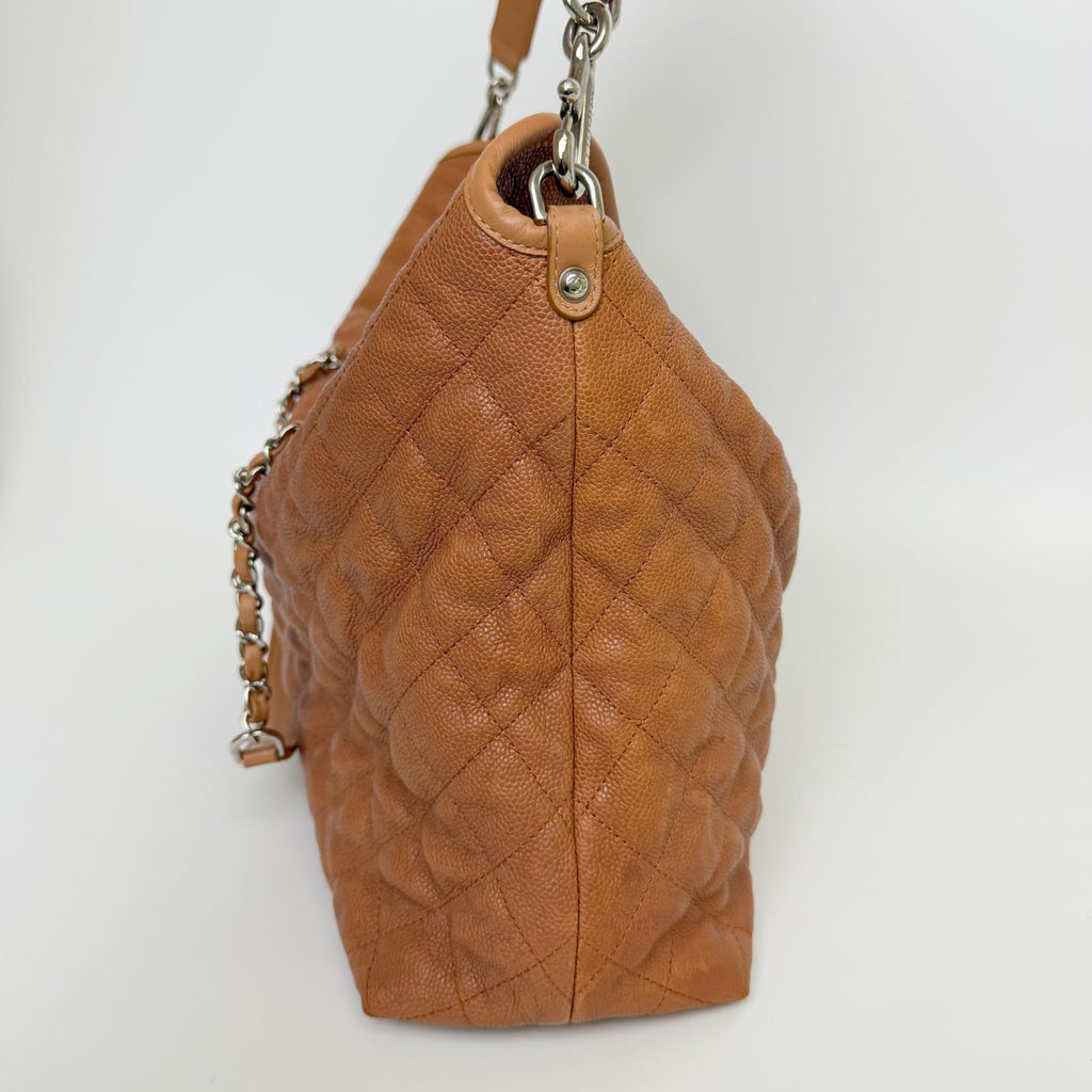 Chanel CC Logo Quilted 2-Way Chain Shoulder Bag Caviar Leather Camel Brown Seal — view 4