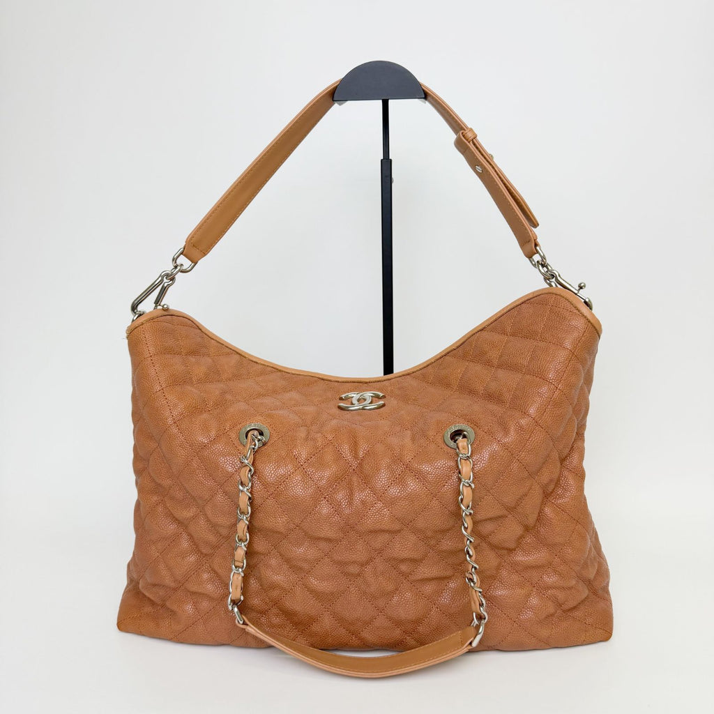 Chanel CC Logo Quilted 2-Way Chain Shoulder Bag Caviar Leather Camel Brown Seal — view 3