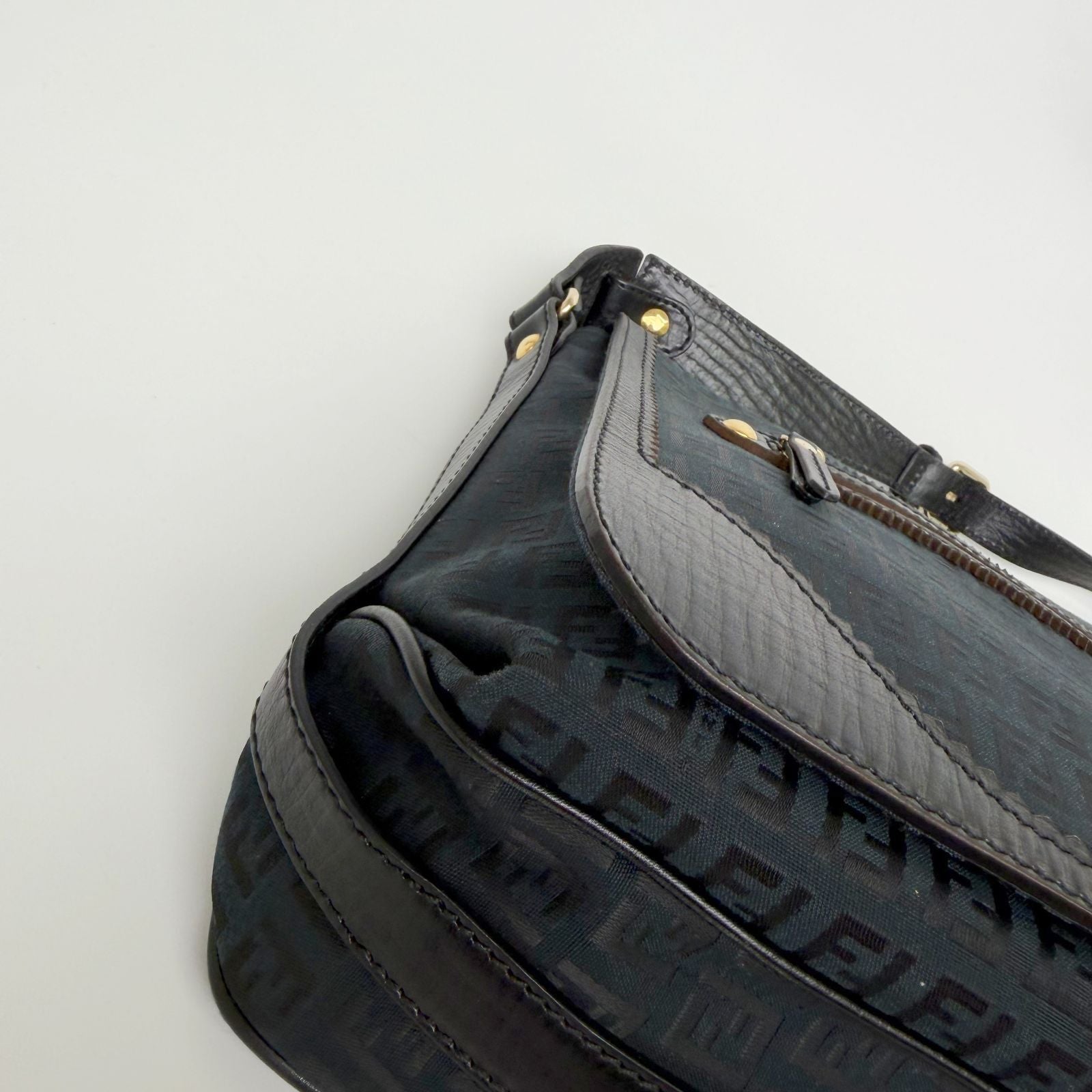 Fendi FF Zucca Front Zip Messenger Shoulder Bag Canvas Leather Black Gold — view 6