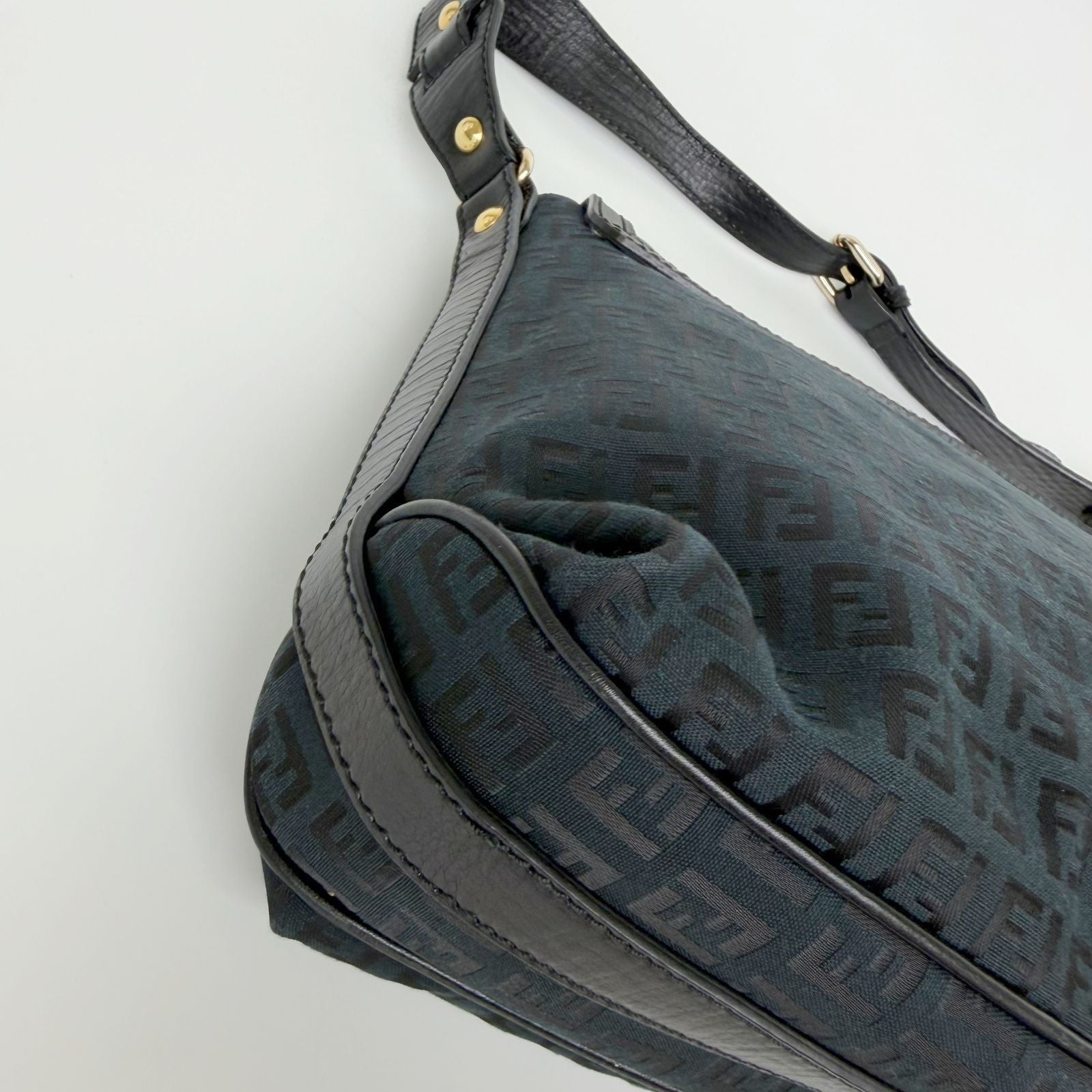 Fendi FF Zucca Front Zip Messenger Shoulder Bag Canvas Leather Black Gold — view 8