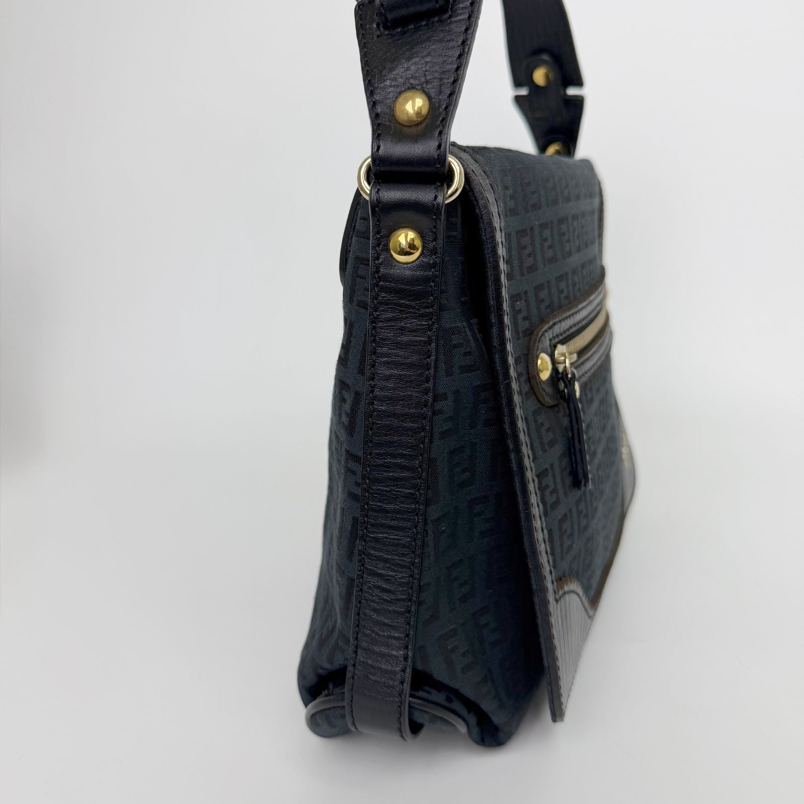 Fendi FF Zucca Front Zip Messenger Shoulder Bag Canvas Leather Black Gold — view 3