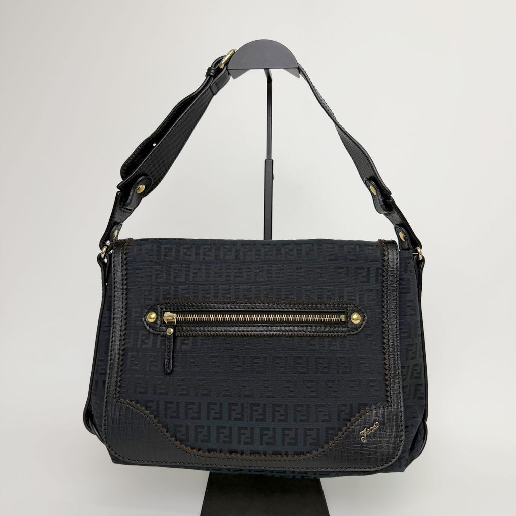 Fendi FF Zucca Front Zip Messenger Shoulder Bag Canvas Leather Black Gold