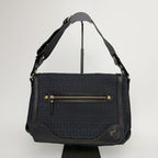 Fendi FF Zucca Front Zip Messenger Shoulder Bag Canvas Leather Black Gold