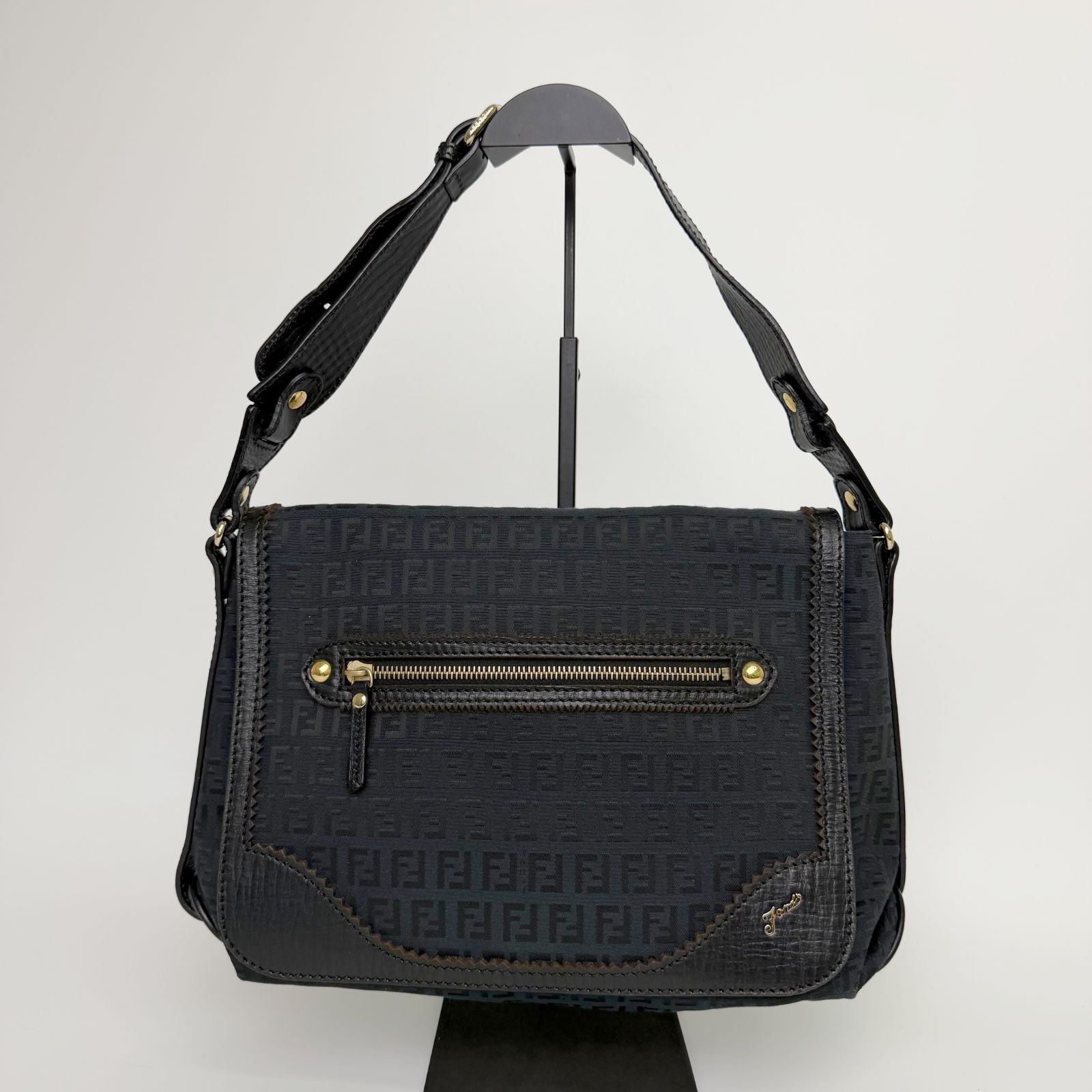 Fendi FF Zucca Front Zip Messenger Shoulder Bag Canvas Leather Black Gold