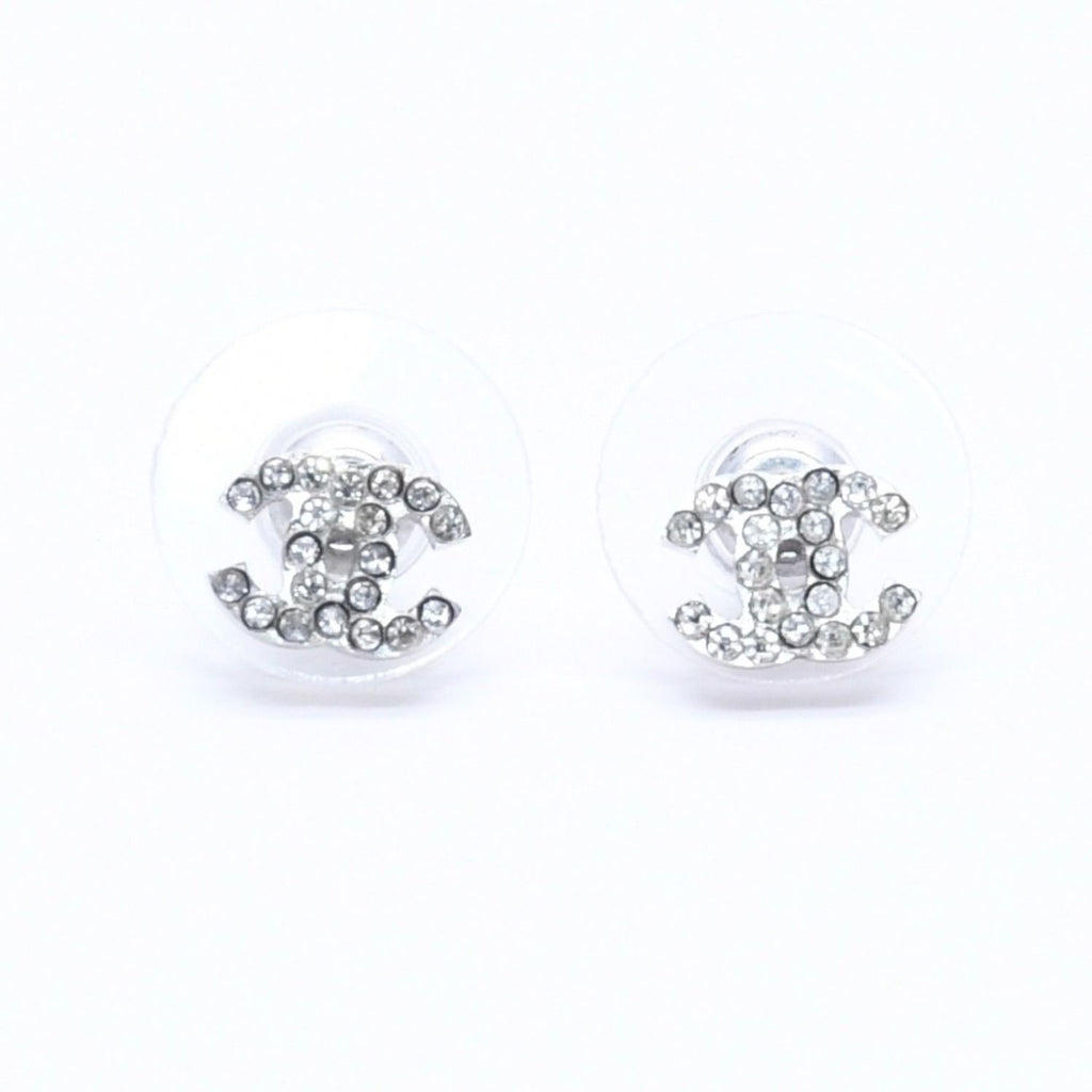 Chanel Earrings CC Logo Rhinestone Silver 03