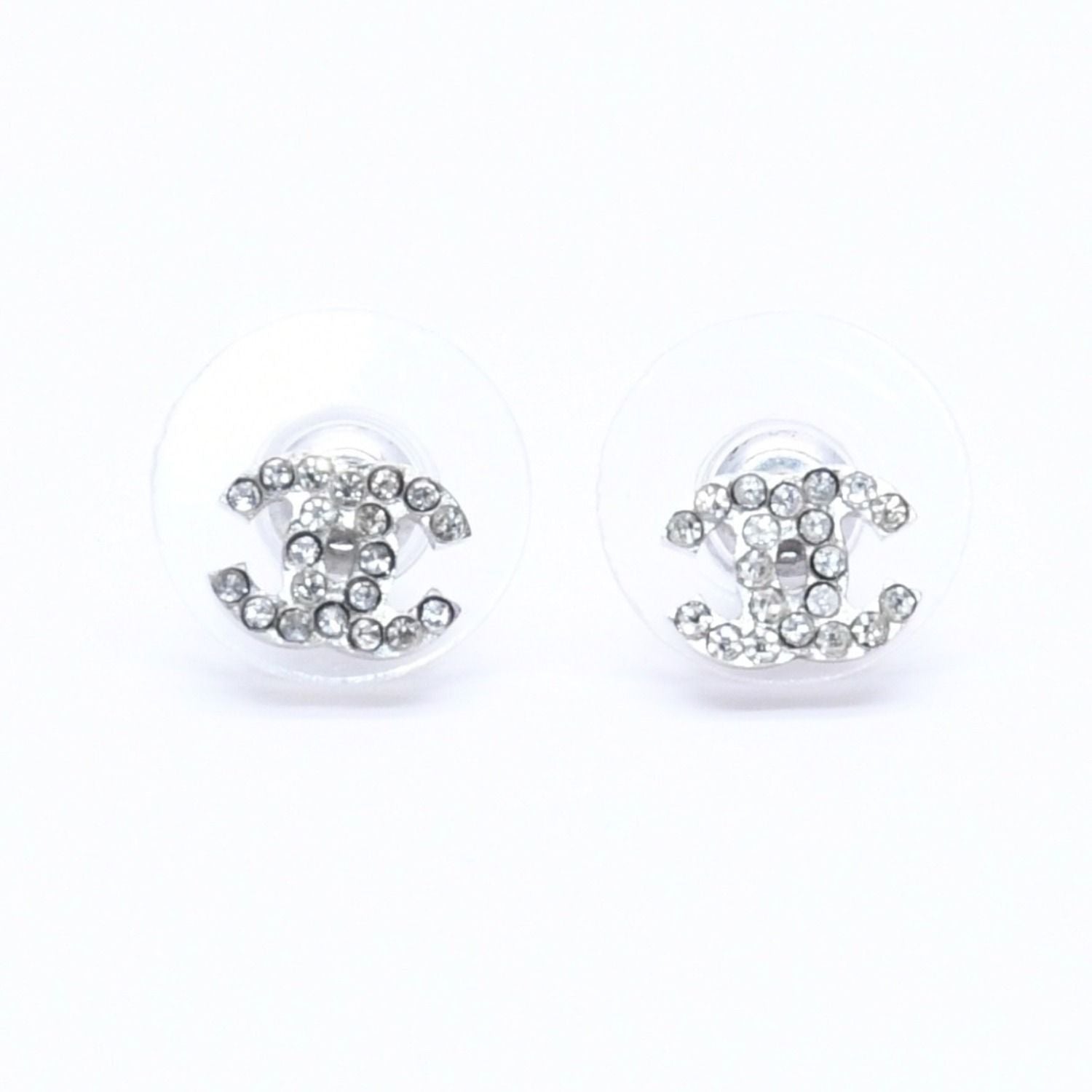 Chanel Earrings CC Logo Rhinestone Silver 03