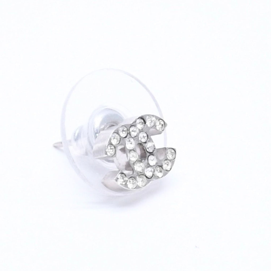 Chanel Earrings CC Logo Rhinestone Silver 03 — view 3