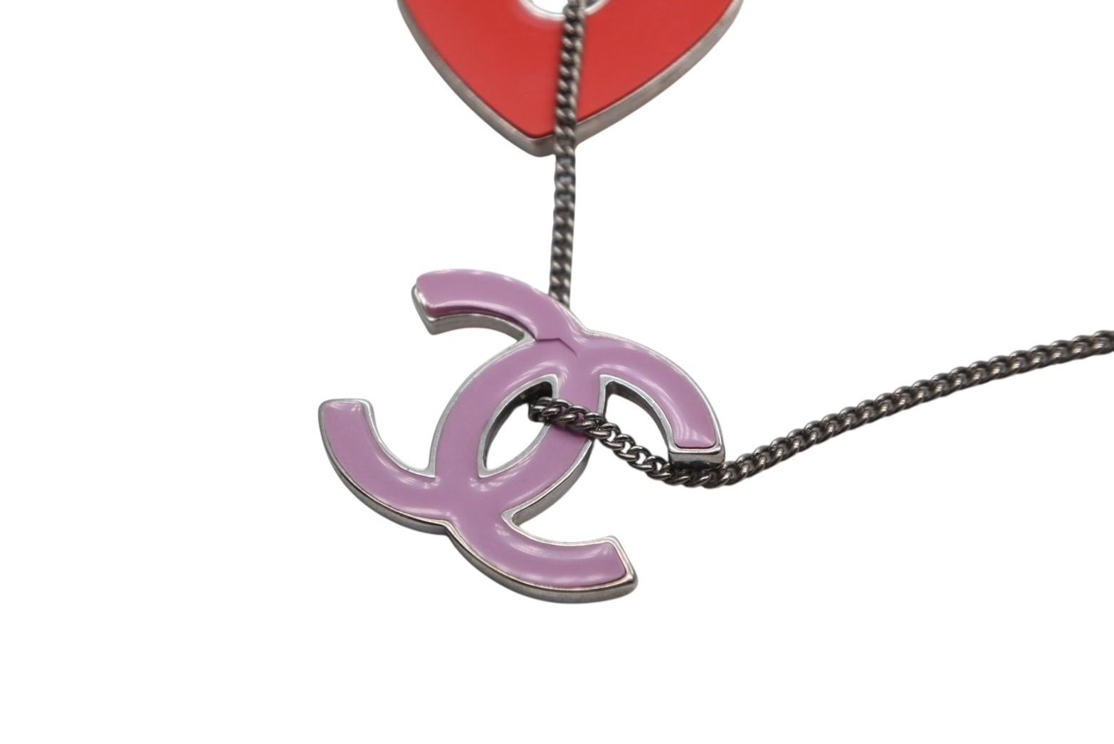 Chanel CC Logo Heart Necklace Metal Pink Red Silver — view 5