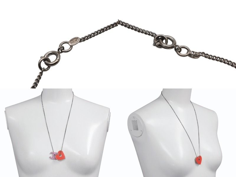 Chanel CC Logo Heart Necklace Metal Pink Red Silver — view 6
