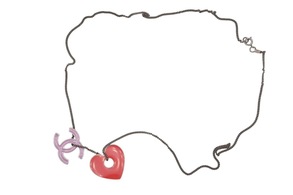 Chanel CC Logo Heart Necklace Metal Pink Red Silver