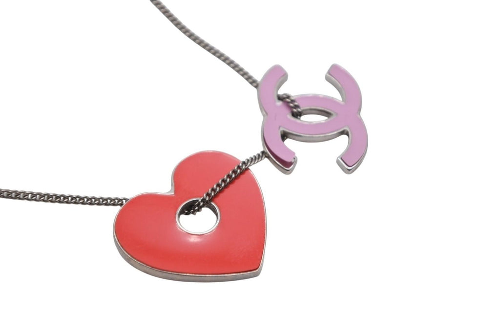 Chanel CC Logo Heart Necklace Metal Pink Red Silver — view 4