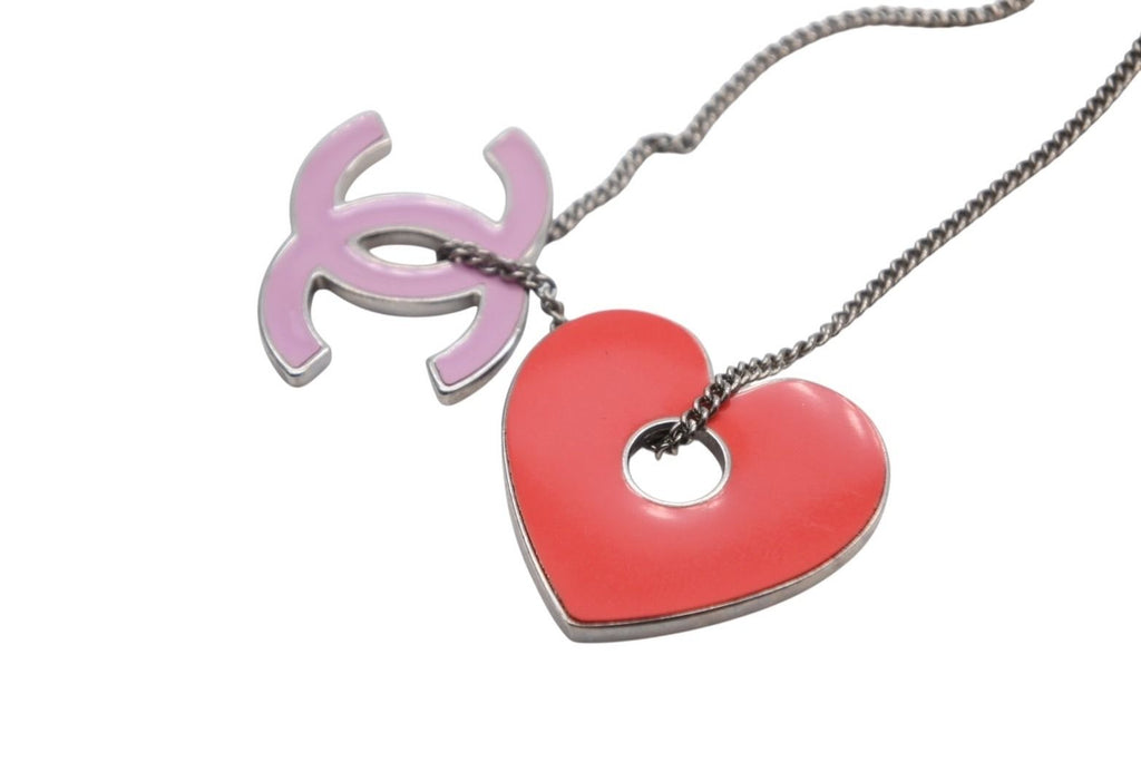 Chanel CC Logo Heart Necklace Metal Pink Red Silver — view 3