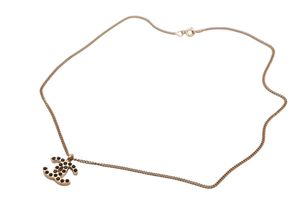 Chanel CC Logo Black Rhinestone Necklace Metal Gold