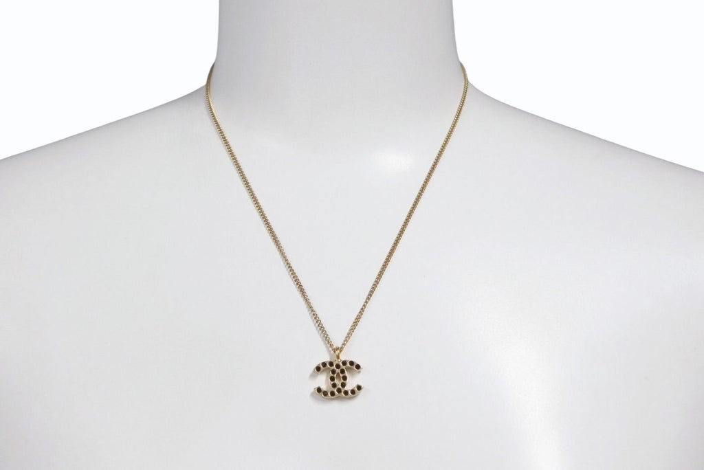 Chanel CC Logo Black Rhinestone Necklace Metal Gold — view 7