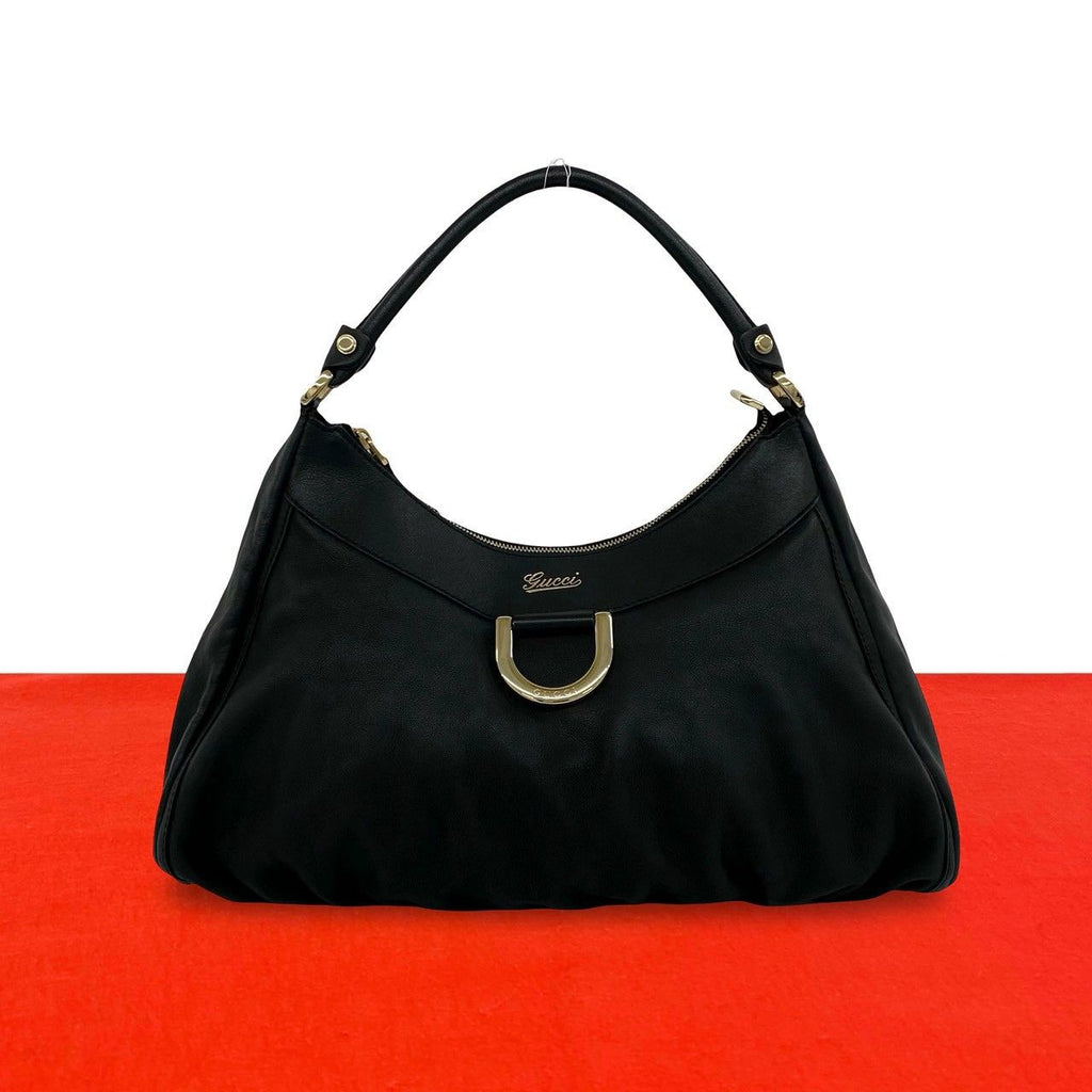 Gucci Log Leather One Shoulder Bag Tote Black