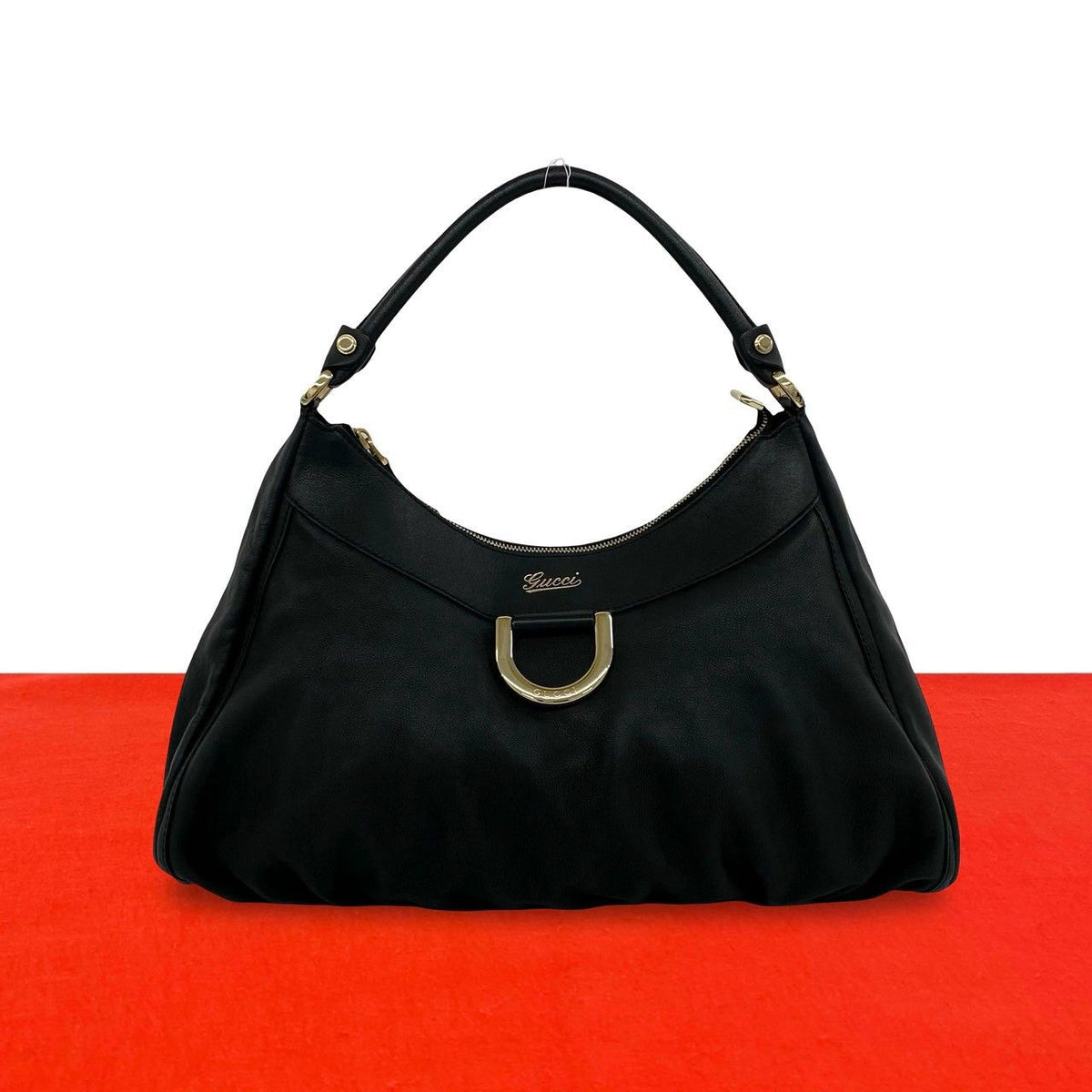 Gucci Log Leather One Shoulder Bag Tote Black