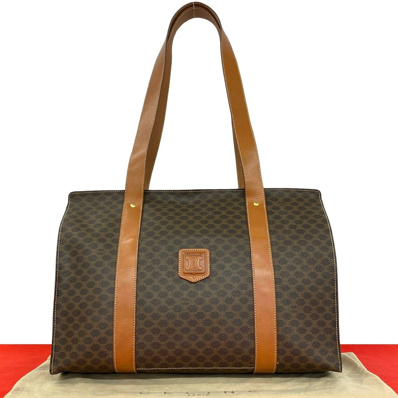 Celine Vintage Macadam Blason Leather Tote Shoulder Bag Brown