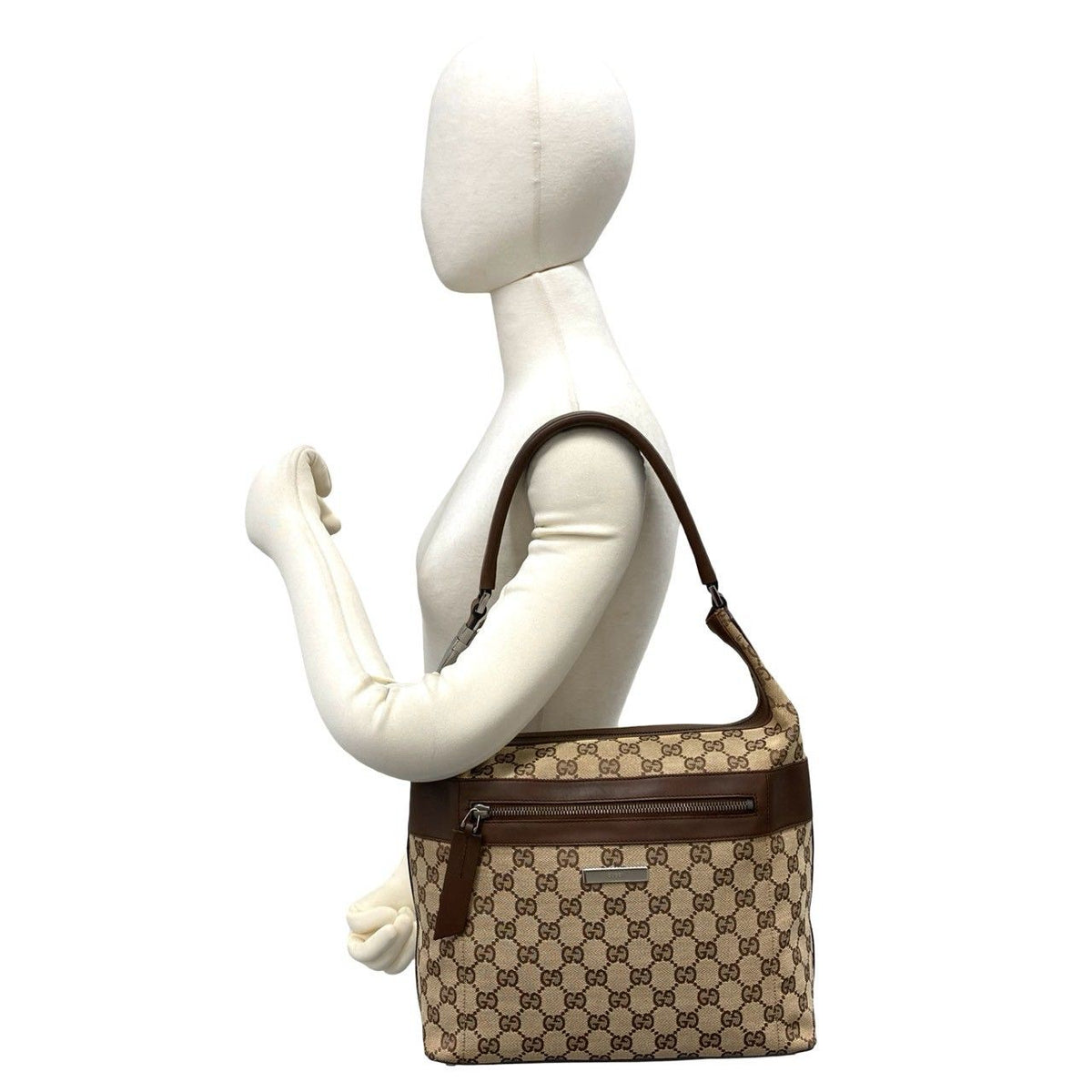 Gucci Logo GG Pattern Canvas Leather Shoulder Bag Tote Brown — view 2