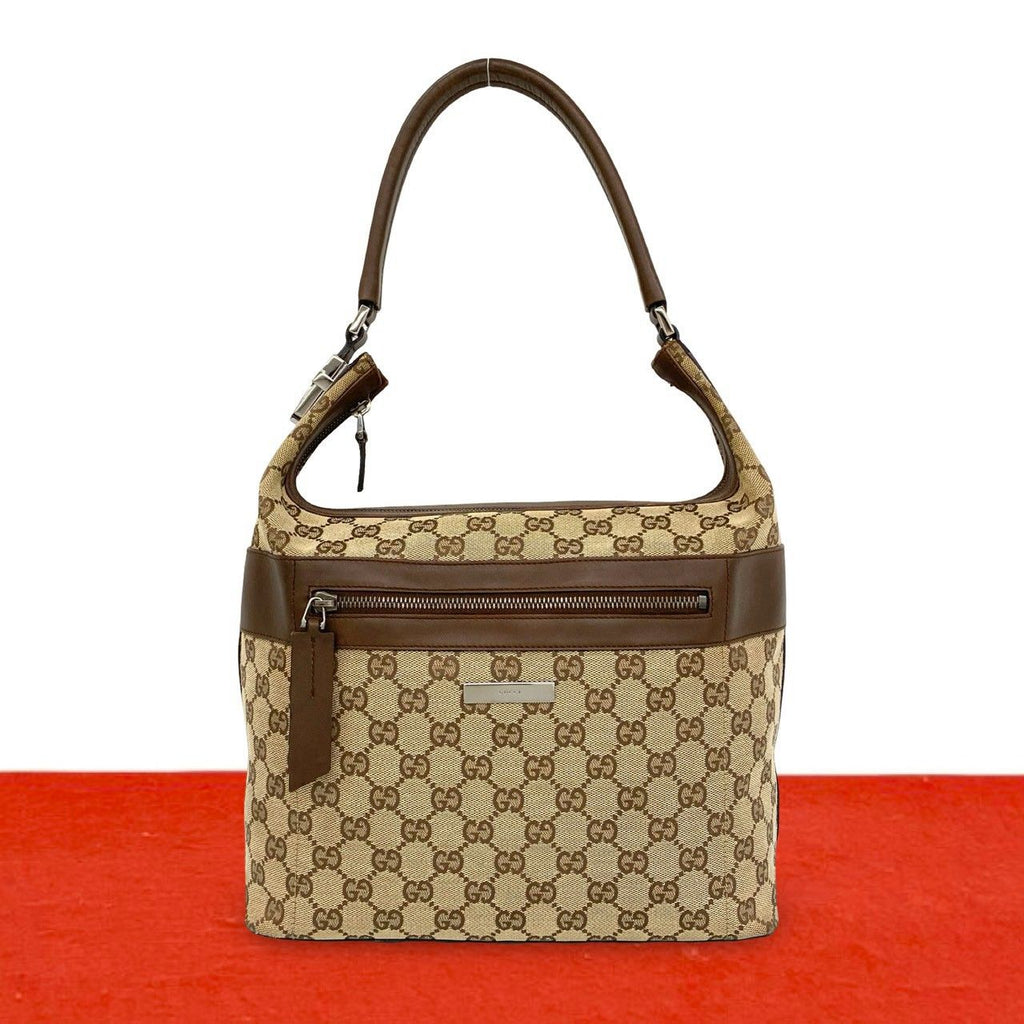 Gucci Logo GG Pattern Canvas Leather Shoulder Bag Tote Brown