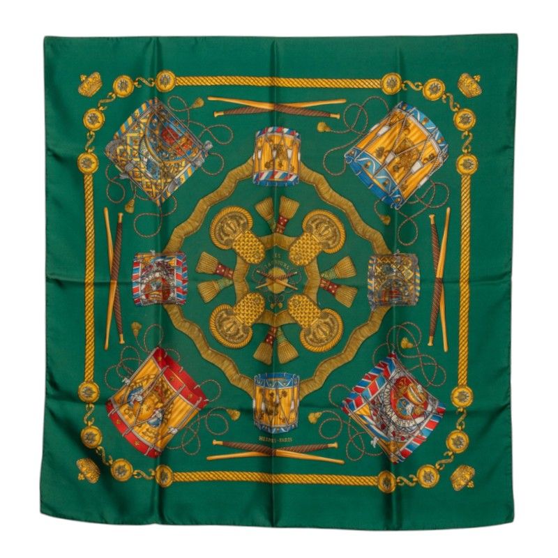 Hermes Carre 90 les Tambours Drum Scarf Green Multicolor Silk