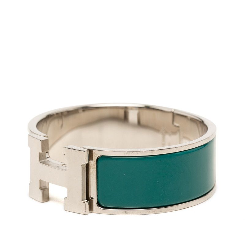 Hermes Clic Clac PM Bangle Silver Green Metal Enamel Bracelet — view 2