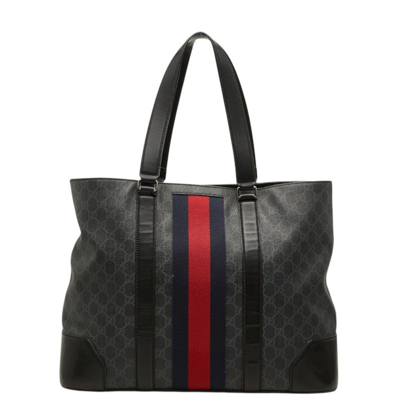Gucci GG Supreme Sherry Line Tote Bag Black Gray Leather
