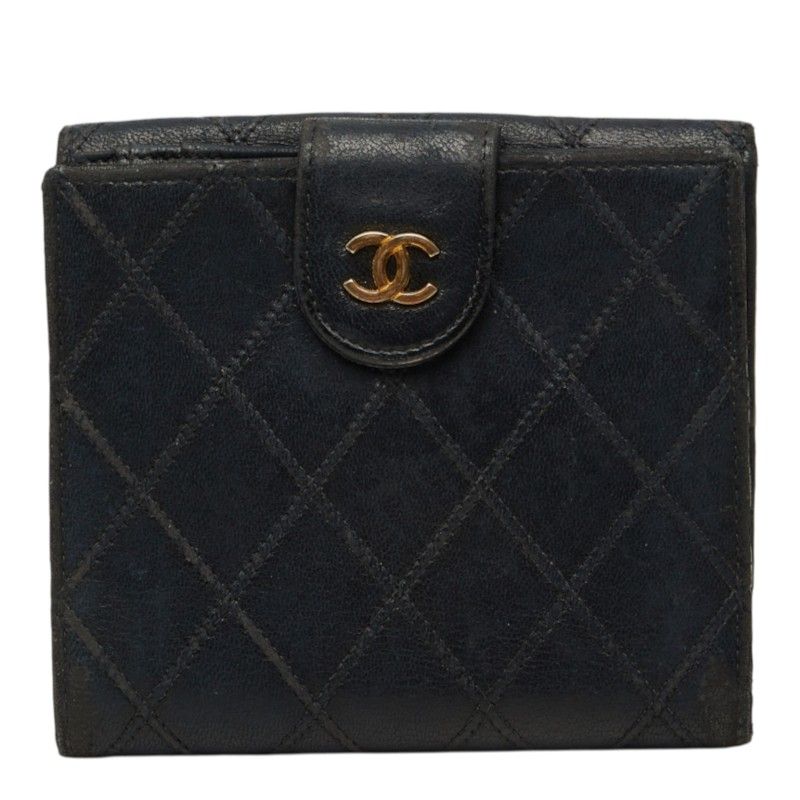 Chanel CC Logo Bicolor Bifold Wallet Black Leather