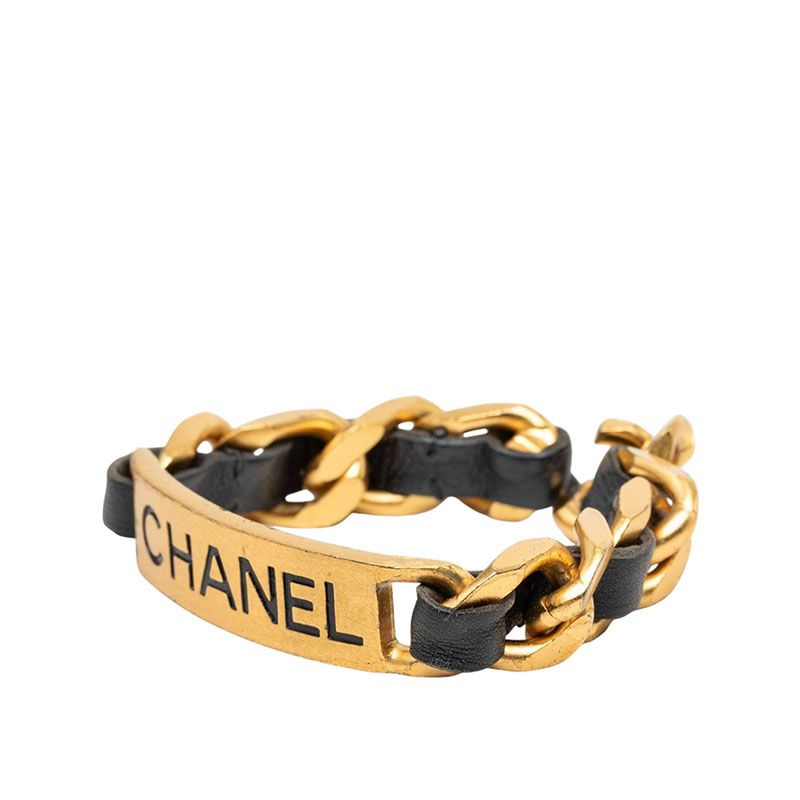 Chanel Logo Plate Vintage Bracelet Gold Black Plated Leather — view 2