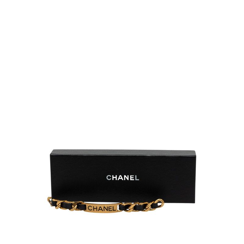 Chanel Logo Plate Vintage Bracelet Gold Black Plated Leather — view 7