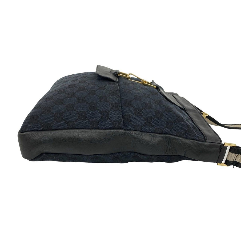 Gucci GG Logo Pattern Canvas Leather Shoulder Bag Tote Black Navy — view 6