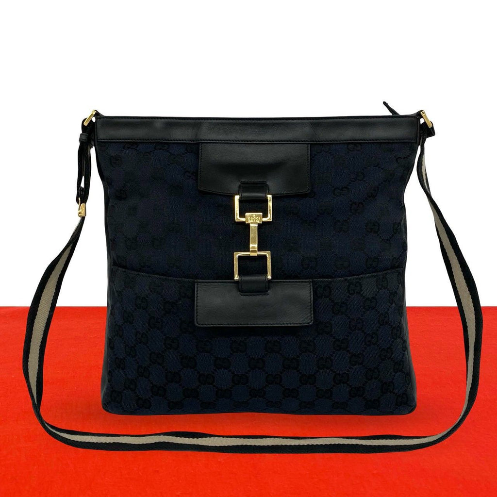 Gucci GG Logo Pattern Canvas Leather Shoulder Bag Tote Black Navy