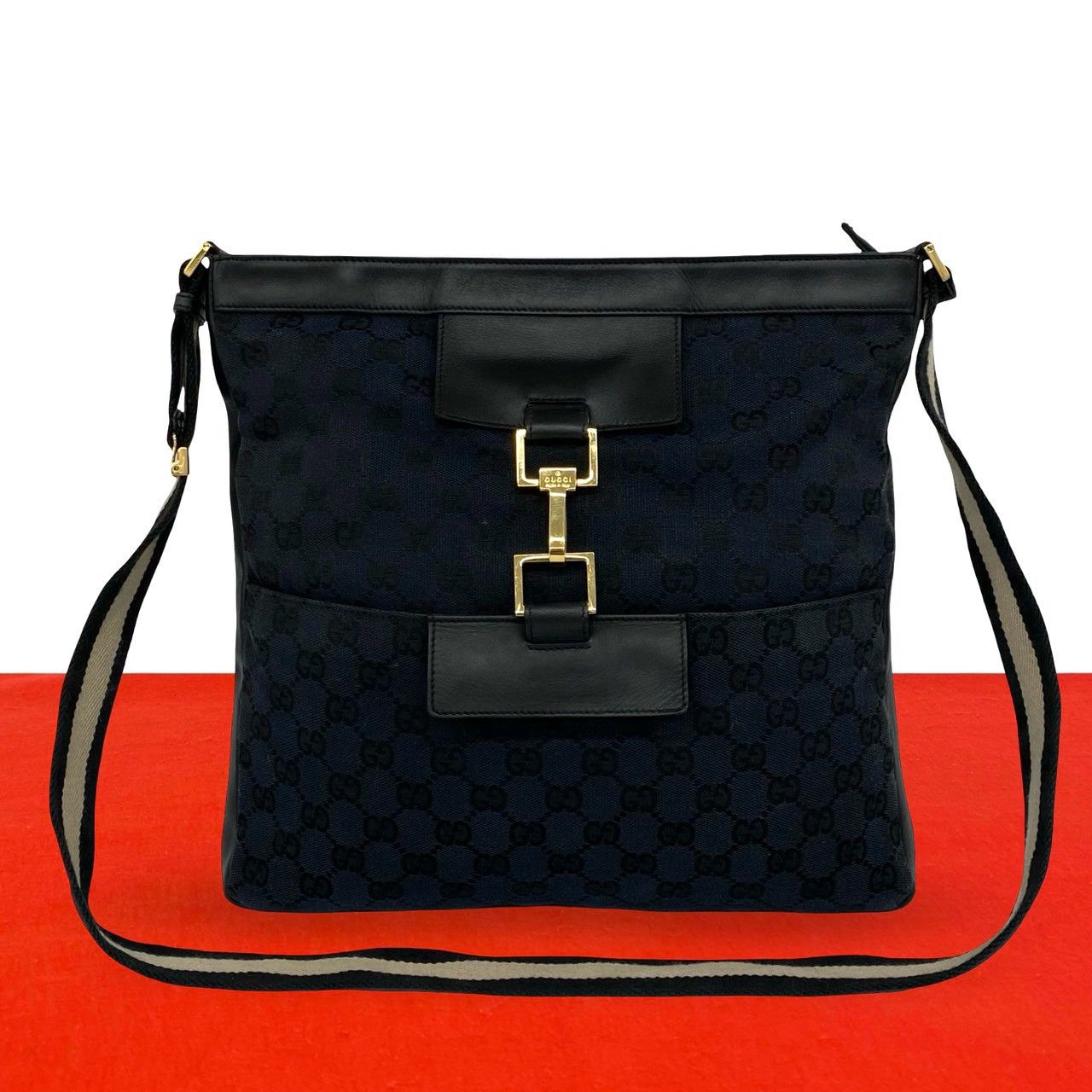 Gucci GG Logo Pattern Canvas Leather Shoulder Bag Tote Black Navy