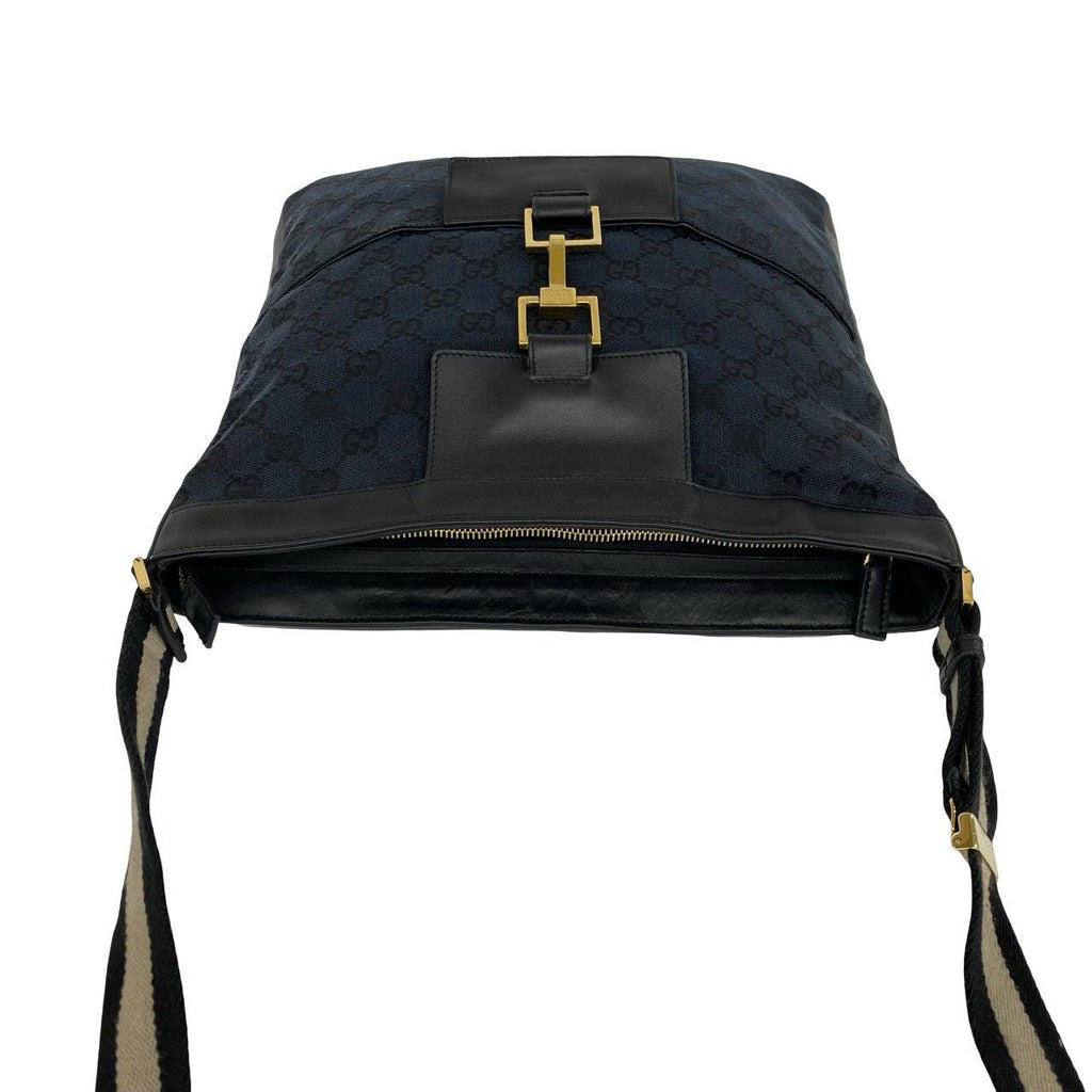 Gucci GG Logo Pattern Canvas Leather Shoulder Bag Tote Black Navy — view 4