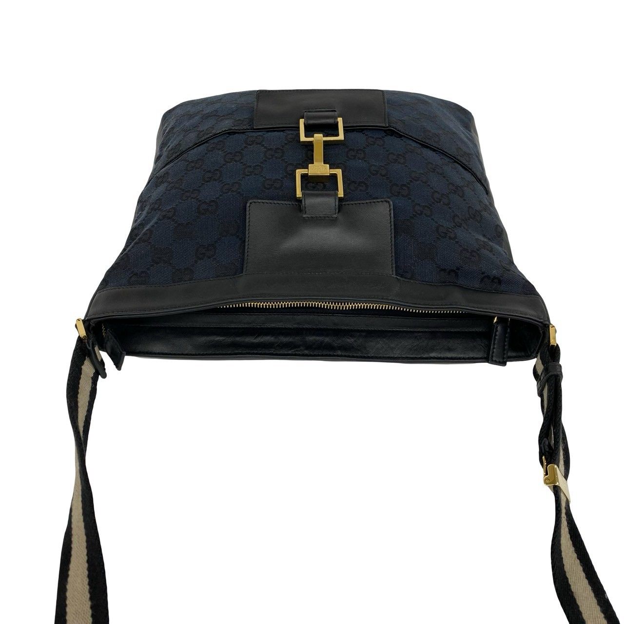 Gucci GG Logo Pattern Canvas Leather Shoulder Bag Tote Black Navy — view 4