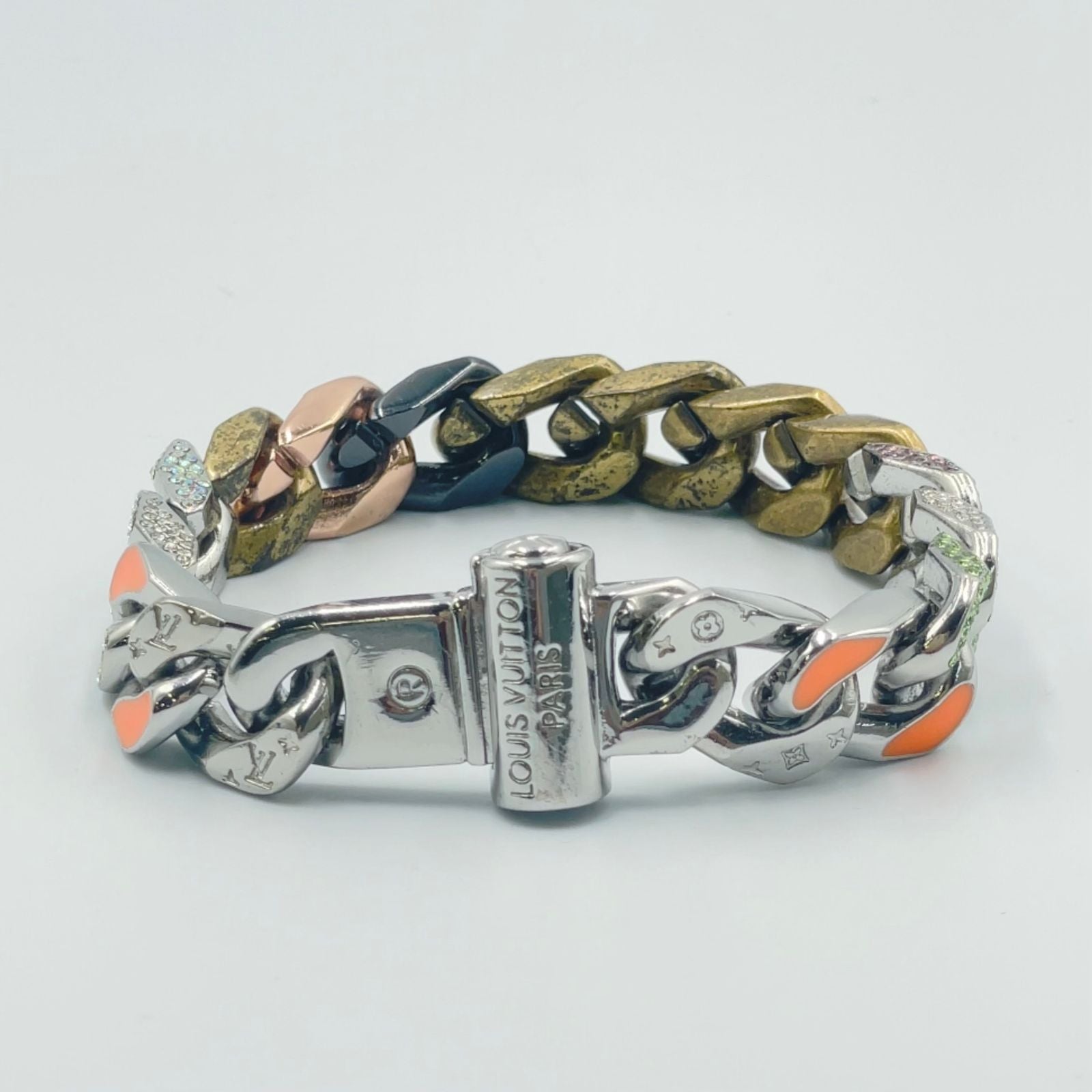 Louis Vuitton Bracelet Chain Links Patches Metal Enamel Color Stone Silver