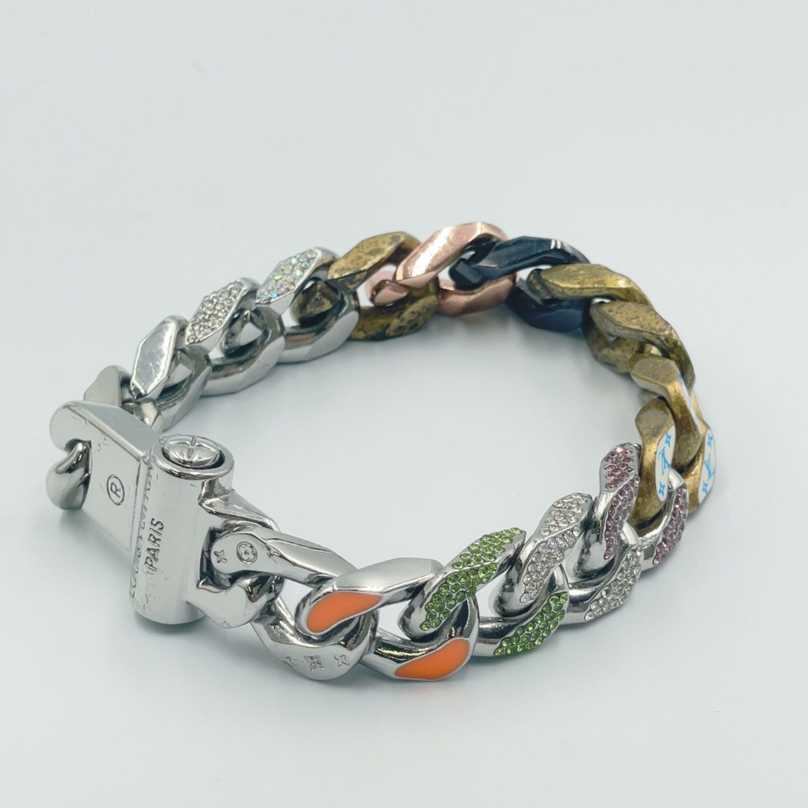 Louis Vuitton Bracelet Chain Links Patches Metal Enamel Color Stone Silver — view 2