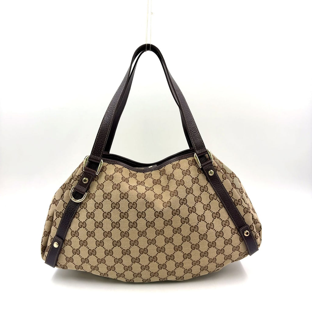 Gucci Abbey Tote Leather Canvas Brown Beige Shoulder Bag Gold