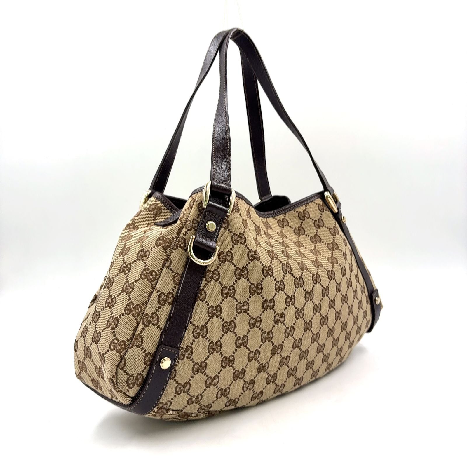 Gucci Abbey Tote Leather Canvas Brown Beige Shoulder Bag Gold — view 2