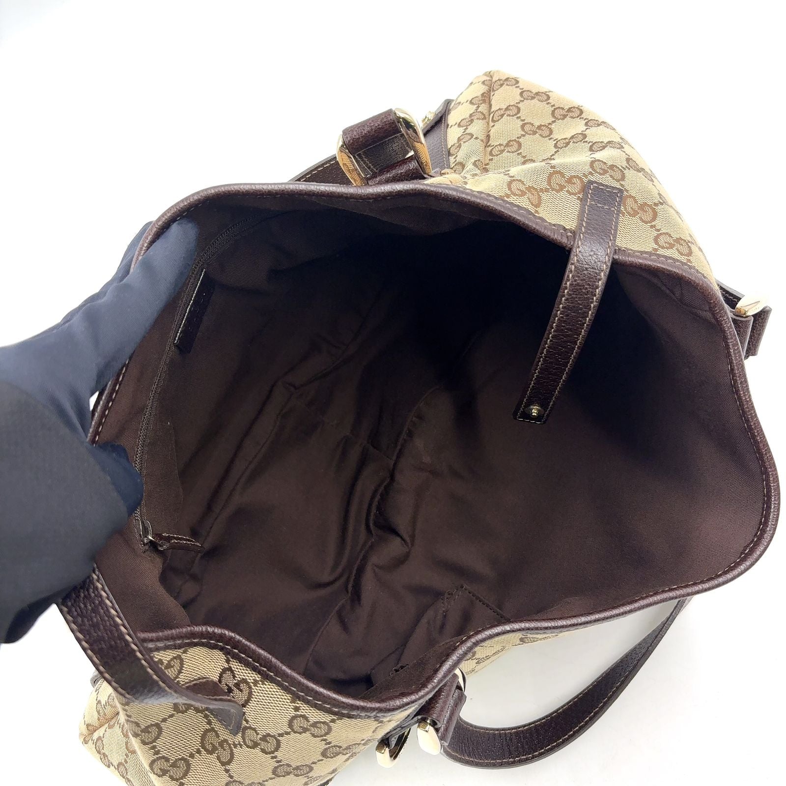 Gucci Abbey Tote Leather Canvas Brown Beige Shoulder Bag Gold — view 3