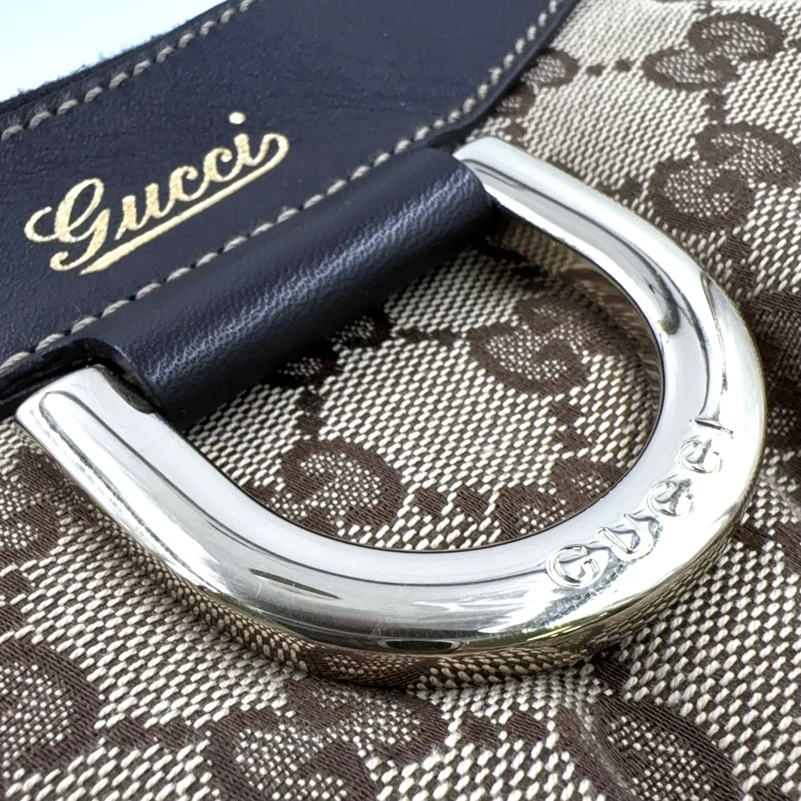 Gucci Guccissima Leather Canvas Dark Brown Beige Shoulder Bag Gold — view 5