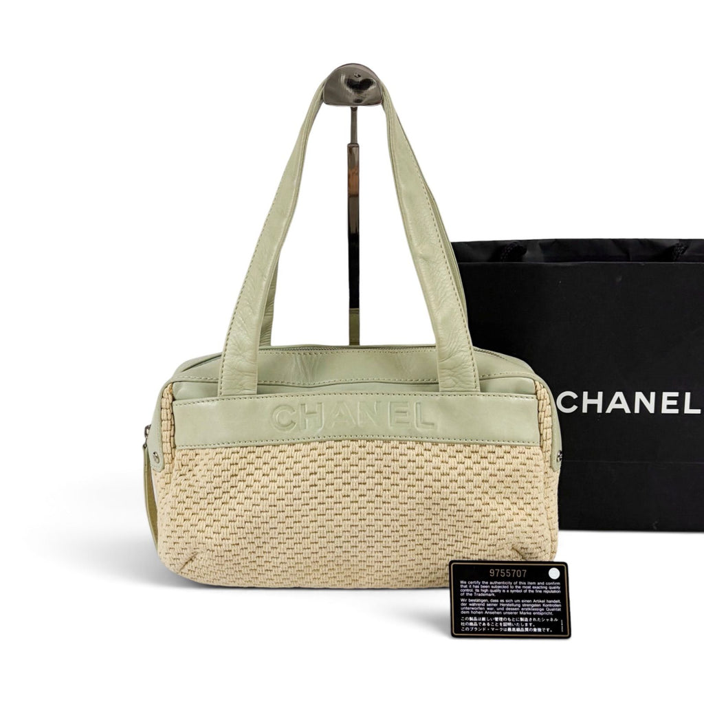 Chanel Raffia Lambskin Logo Mini Boston Bag Beige Green